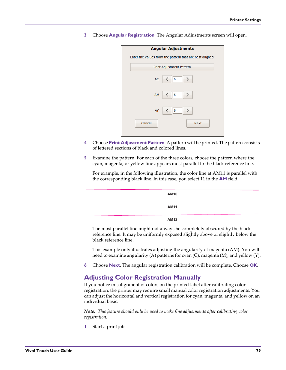 Adjusting color registration manually, 1 start a print job | QuickLabel Vivo! Touch User Manual | Page 93 / 165