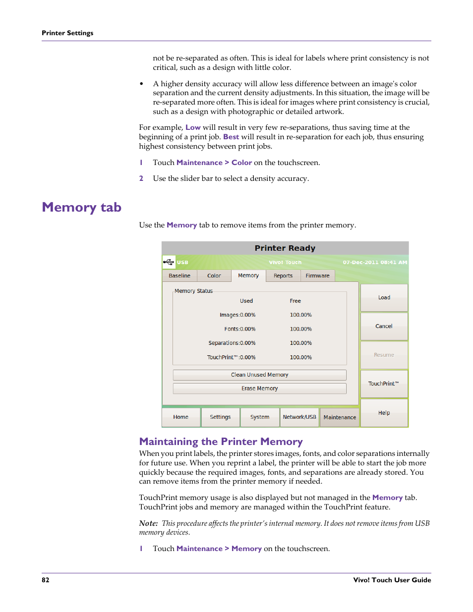 1 touch maintenance > color on the touchscreen, 2 use the slider bar to select a density accuracy, Memory tab | Maintaining the printer memory, 1 touch maintenance > memory on the touchscreen | QuickLabel Vivo! Touch User Manual | Page 96 / 165