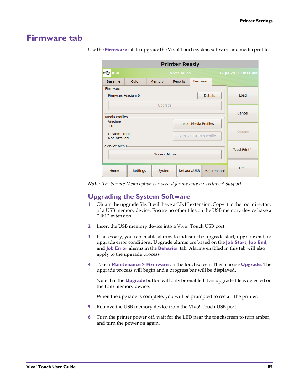 Firmware tab, Upgrading the system software | QuickLabel Vivo! Touch User Manual | Page 99 / 165