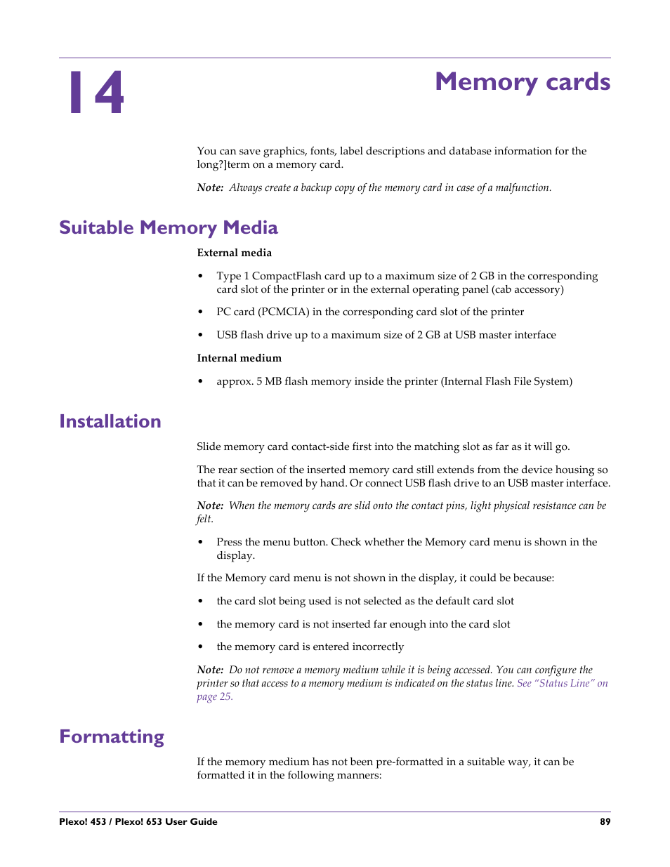 Memory cards, Suitable memory media, Installation | Formatting, Chapter: 14, Suitable memory media installation formatting, See “memory cards | QuickLabel Plexo! 653 User Manual | Page 101 / 121