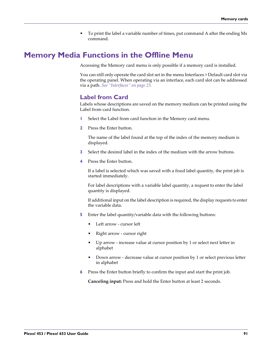 Memory media functions in the offline menu, Label from card | QuickLabel Plexo! 653 User Manual | Page 103 / 121