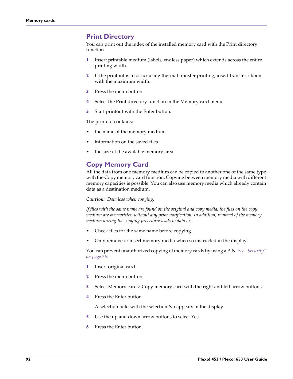Print directory, Copy memory card, Print directory copy memory card | QuickLabel Plexo! 653 User Manual | Page 104 / 121