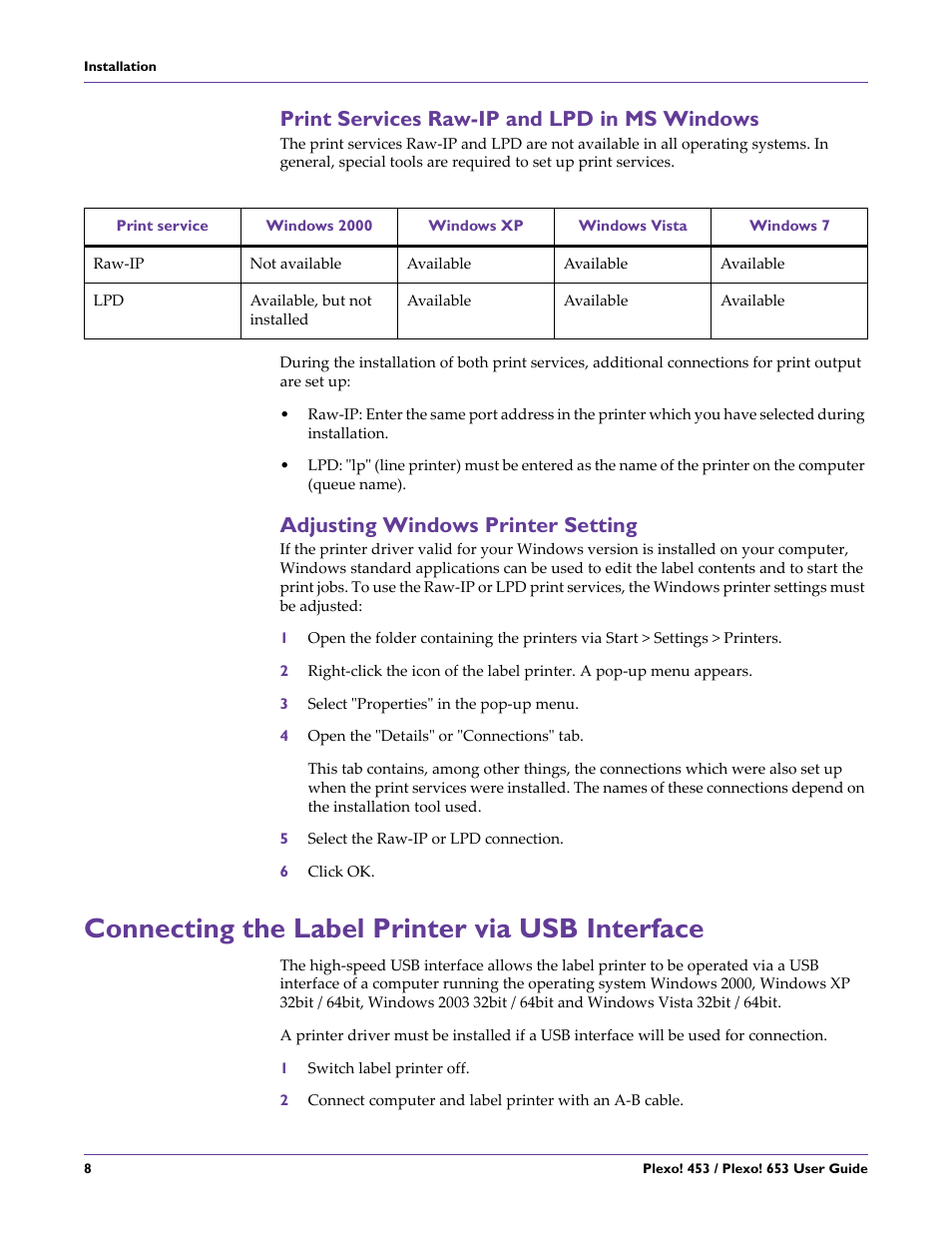 Print services raw-ip and lpd in ms windows, Adjusting windows printer setting, Connecting the label printer via usb interface | See “print services raw-ip and lpd in ms, Tting | QuickLabel Plexo! 653 User Manual | Page 20 / 121