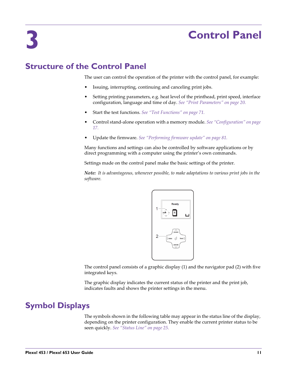 Control panel, Structure of the control panel, Symbol displays | Chapter: 3, Structure of the control panel symbol displays | QuickLabel Plexo! 653 User Manual | Page 23 / 121