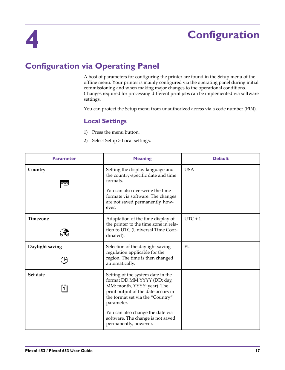 Configuration, Configuration via operating panel, Local settings | Chapter: 4 | QuickLabel Plexo! 653 User Manual | Page 29 / 121