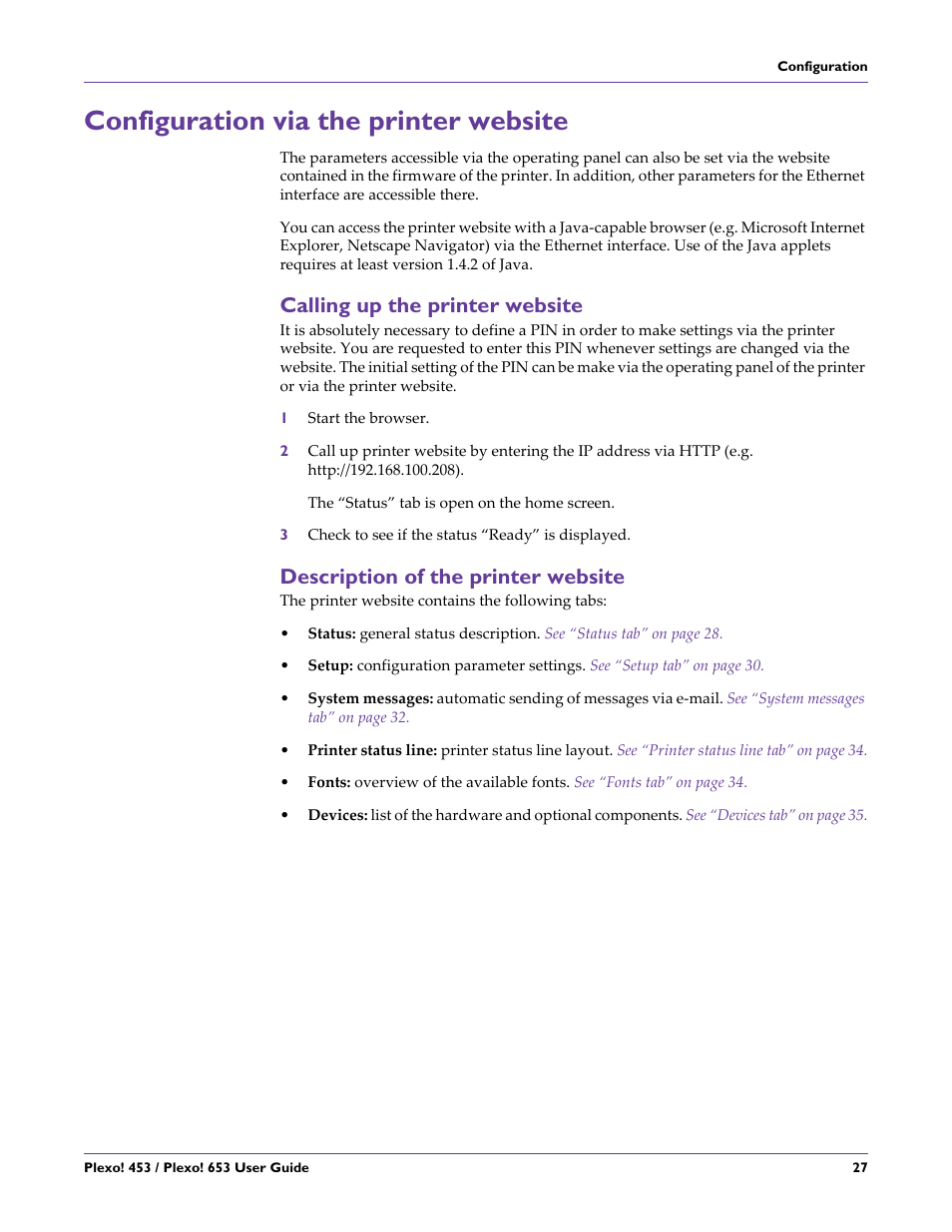 Configuration via the printer website, Calling up the printer website, Description of the printer website | QuickLabel Plexo! 653 User Manual | Page 39 / 121