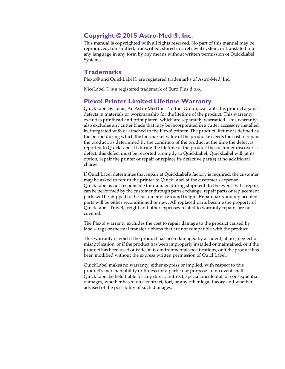 Copyright © 2015 astro-med ®, inc, Trademarks, Plexo! printer limited lifetime warranty | QuickLabel Plexo! 653 User Manual | Page 4 / 121