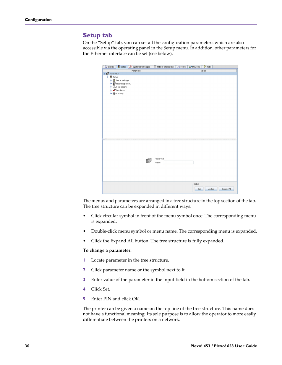 Setup tab, Set the parameters, Configuration parameter settings | QuickLabel Plexo! 653 User Manual | Page 42 / 121