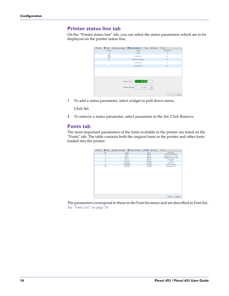 Printer status line tab, Fonts tab, Printer status line tab fonts tab | QuickLabel Plexo! 653 User Manual | Page 46 / 121