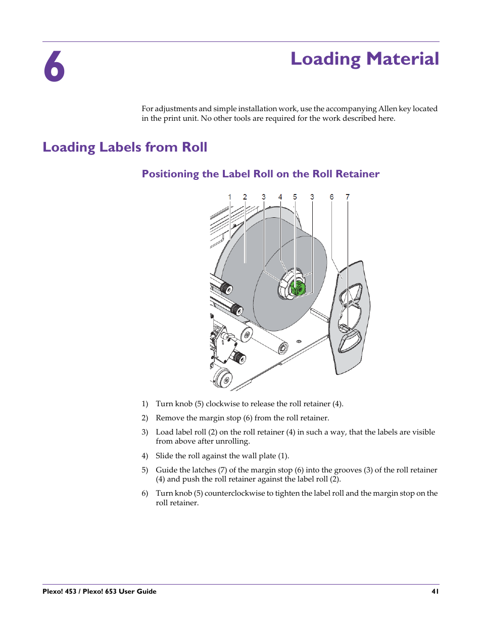 Loading material, Loading labels from roll, Positioning the label roll on the roll retainer | Chapter: 6 | QuickLabel Plexo! 653 User Manual | Page 53 / 121