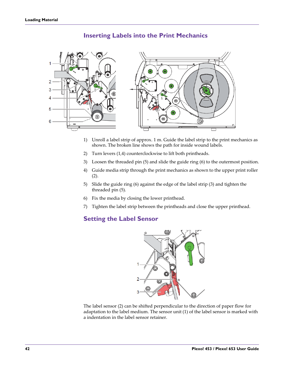 Inserting labels into the print mechanics, Setting the label sensor | QuickLabel Plexo! 653 User Manual | Page 54 / 121