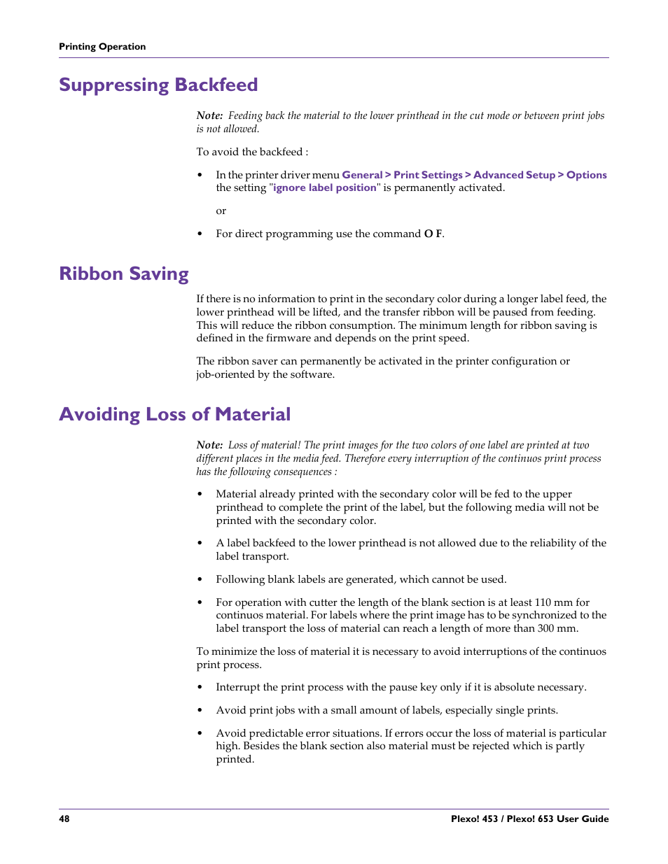 Suppressing backfeed, Ribbon saving, Avoiding loss of material | QuickLabel Plexo! 653 User Manual | Page 60 / 121
