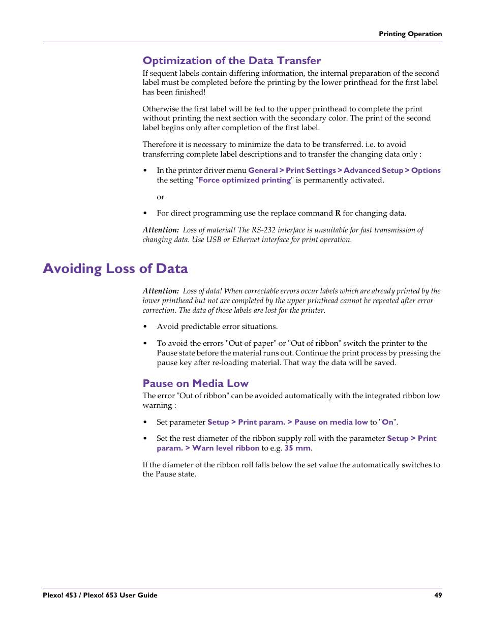 Optimization of the data transfer, Avoiding loss of data, Pause on media low | QuickLabel Plexo! 653 User Manual | Page 61 / 121