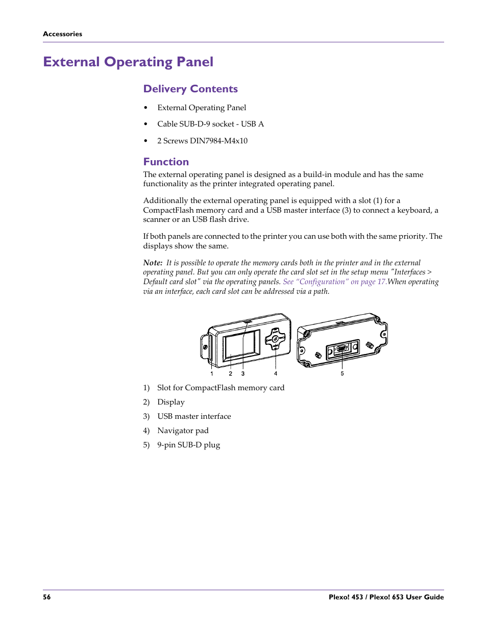 External operating panel, Delivery contents, Function | Delivery contents function | QuickLabel Plexo! 653 User Manual | Page 68 / 121