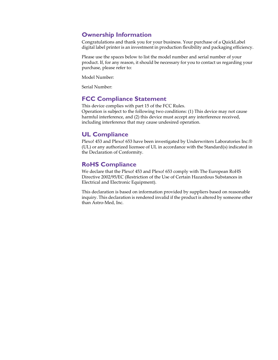 Ownership information, Fcc compliance statement, Ul compliance | Rohs compliance | QuickLabel Plexo! 653 User Manual | Page 7 / 121