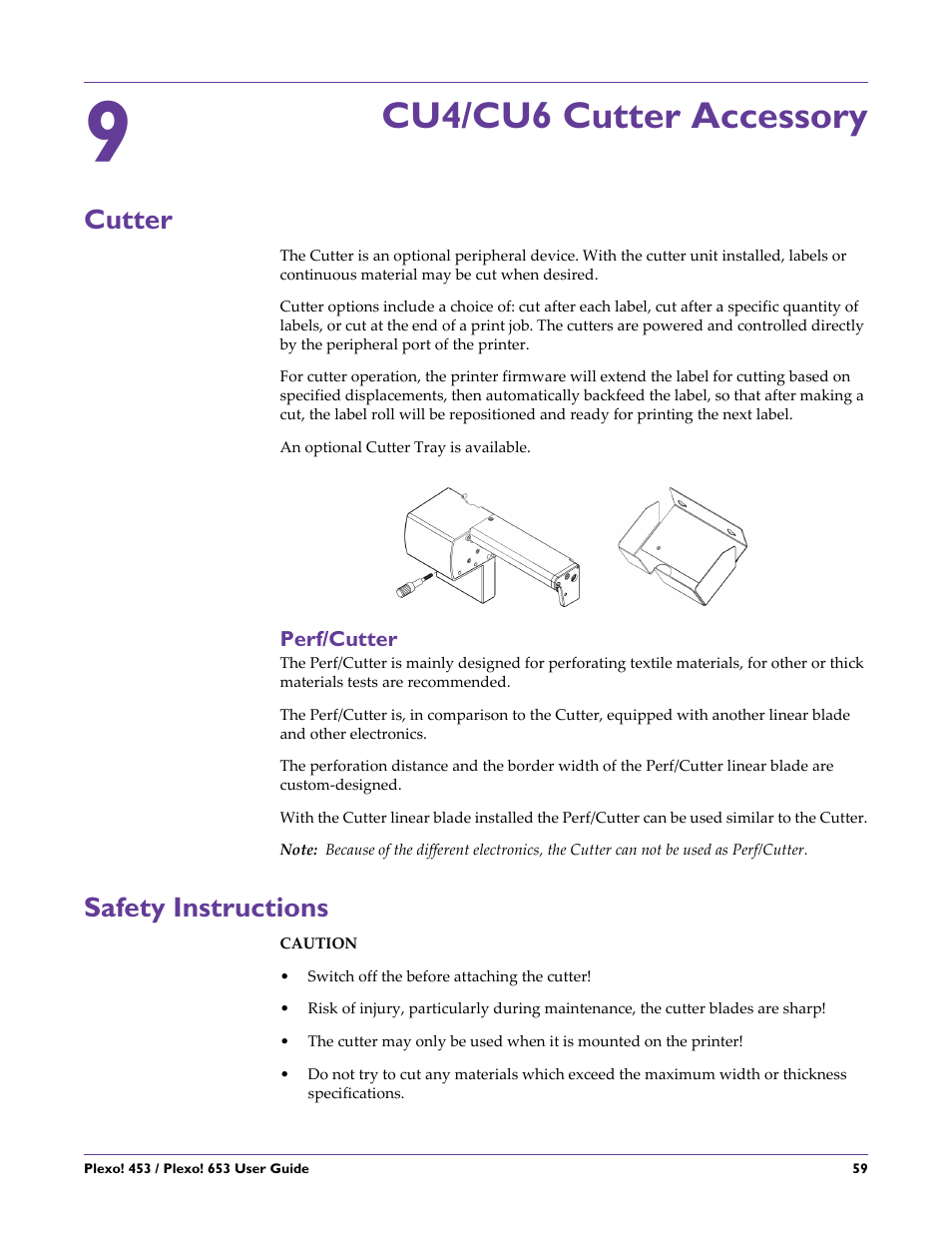 Cu4/cu6 cutter accessory, Cutter, Perf/cutter | Safety instructions, Chapter: 9 | QuickLabel Plexo! 653 User Manual | Page 71 / 121