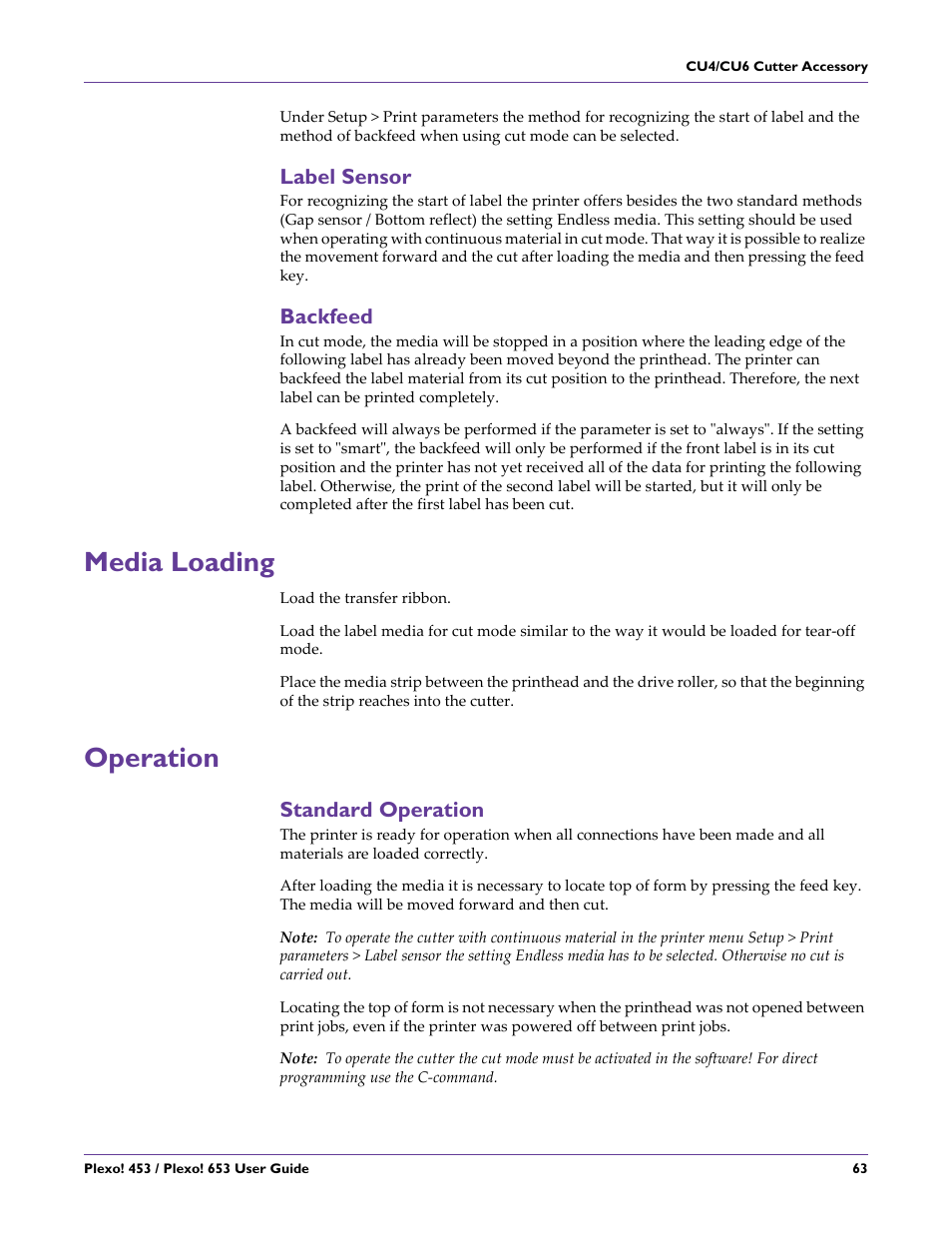 Label sensor, Backfeed, Media loading | Operation, Standard operation, Label sensor backfeed, Media loading operation | QuickLabel Plexo! 653 User Manual | Page 75 / 121