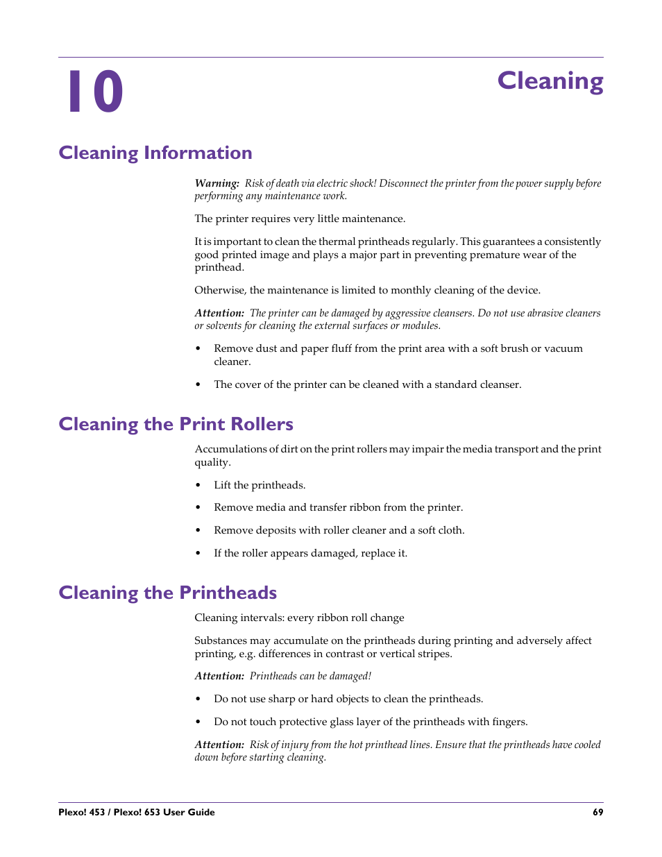 Cleaning, Cleaning information, Cleaning the print rollers | Cleaning the printheads, Chapter: 10 | QuickLabel Plexo! 653 User Manual | Page 81 / 121