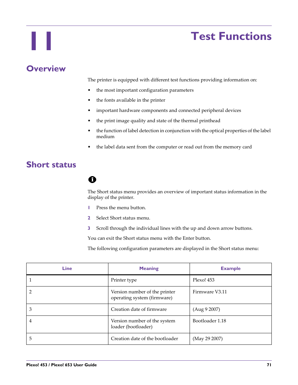 Test functions, Overview, Short status | Chapter: 11, Overview short status | QuickLabel Plexo! 653 User Manual | Page 83 / 121