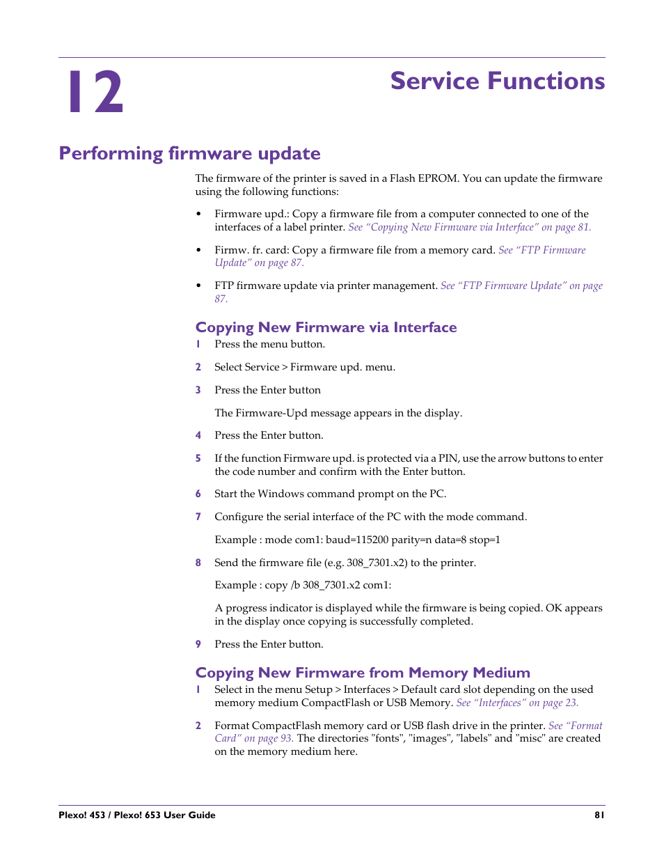 Service functions, Performing firmware update, Copying new firmware via interface | Copying new firmware from memory medium, Chapter: 12 | QuickLabel Plexo! 653 User Manual | Page 93 / 121