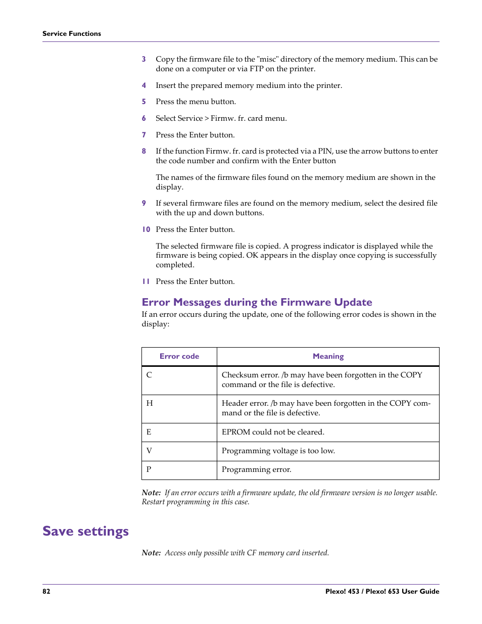Error messages during the firmware update, Save settings | QuickLabel Plexo! 653 User Manual | Page 94 / 121