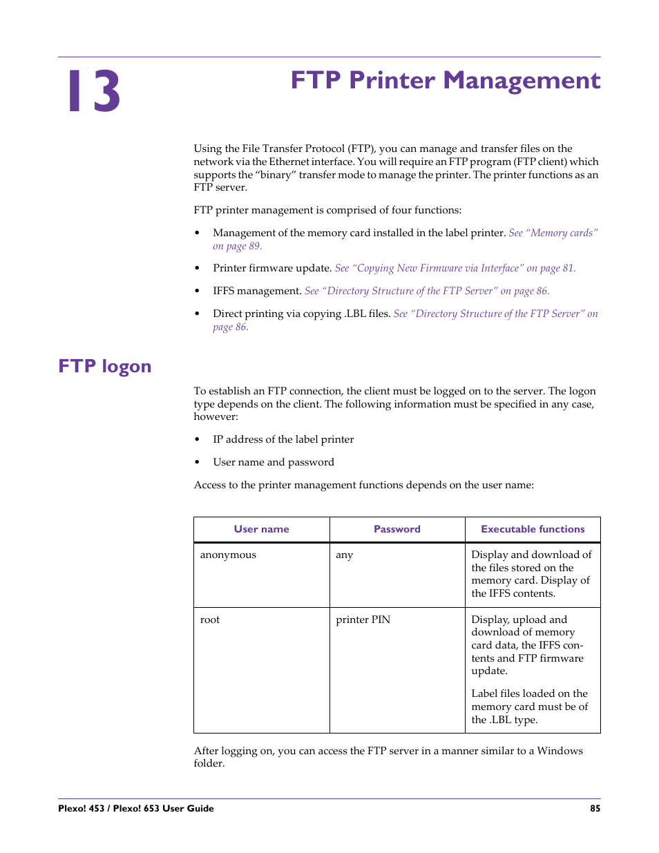 Ftp printer management, Ftp logon, Chapter: 13 | QuickLabel Plexo! 653 User Manual | Page 97 / 121