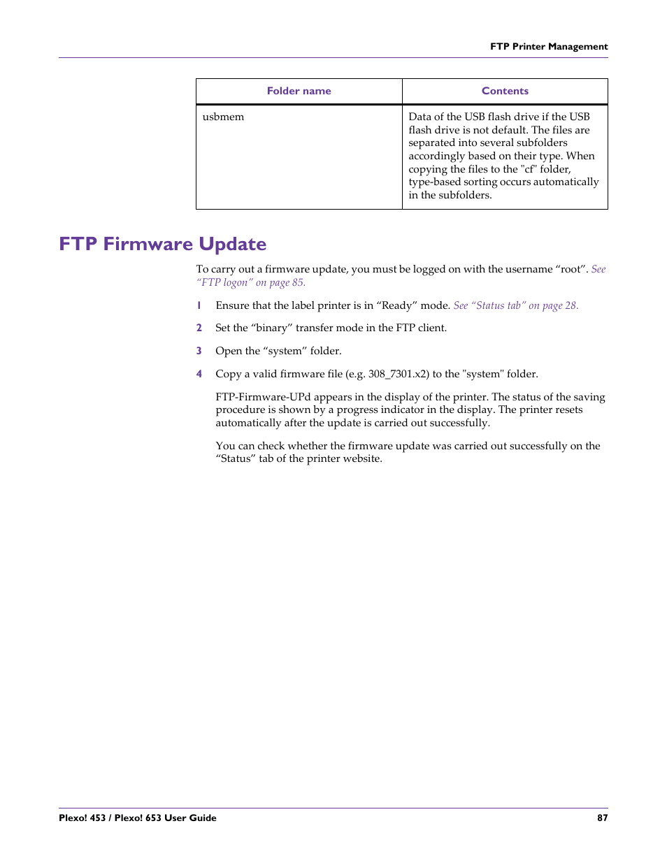 Ftp firmware update, Re file from a memory card, See “ftp firmware | QuickLabel Plexo! 653 User Manual | Page 99 / 121