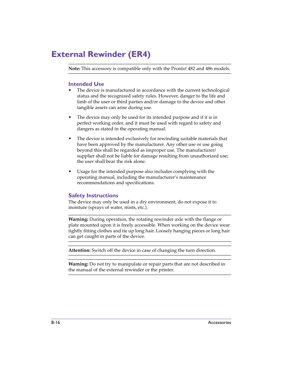 External rewinder (er4), Intended use, Safety instructions | External rewinder (er4) -16, Intended use -16 safety instructions -16, External rewinder (er4) - describes | QuickLabel 482 Pronto! User Manual | Page 106 / 256