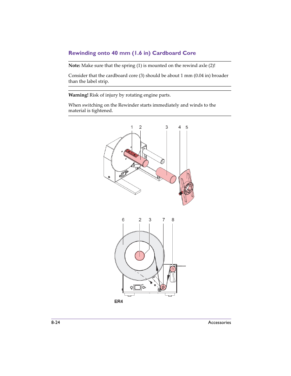 Rewinding onto 40 mm (1.6 in) cardboard core, Rewinding onto 40 mm (1.6 in) cardboard core -24 | QuickLabel 482 Pronto! User Manual | Page 114 / 256