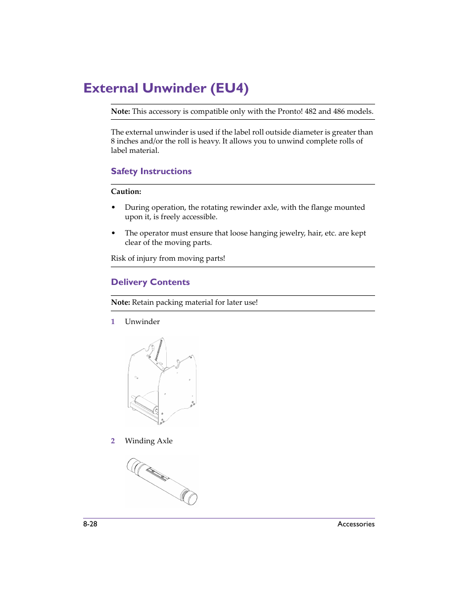 External unwinder (eu4), Safety instructions, Delivery contents | External unwinder (eu4) -28, Safety instructions -28 delivery contents -28, External unwinder (eu4) - descri | QuickLabel 482 Pronto! User Manual | Page 118 / 256