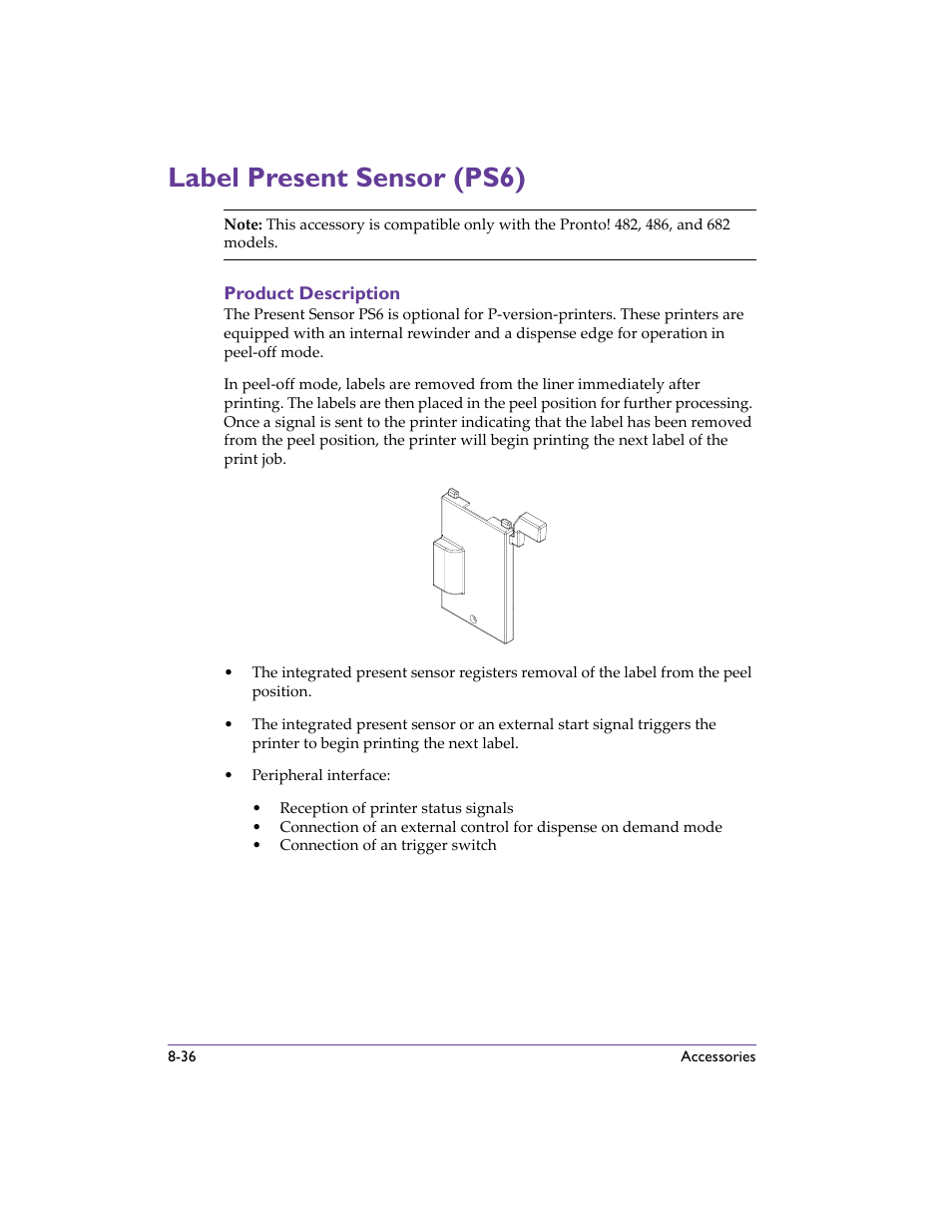 Label present sensor (ps6), Product description, Label present sensor (ps6) -36 | Product description -36 | QuickLabel 482 Pronto! User Manual | Page 126 / 256