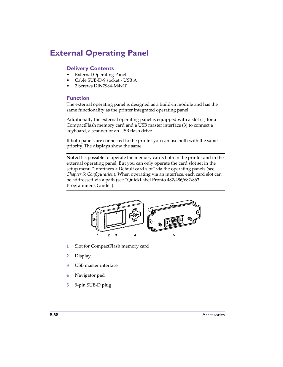 External operating panel, Delivery contents, Function | External operating panel -58, Delivery contents -58 function -58, External operating panel - descri | QuickLabel 482 Pronto! User Manual | Page 148 / 256