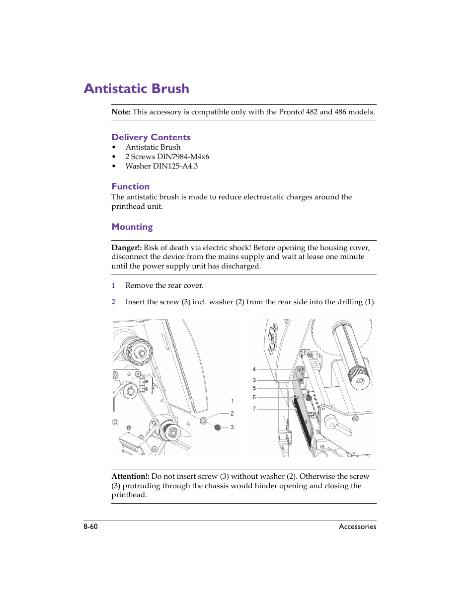 Antistatic brush, Delivery contents, Function | Mounting, Antistatic brush -60, Delivery contents -60 function -60 mounting -60, Antistatic brush - de | QuickLabel 482 Pronto! User Manual | Page 150 / 256