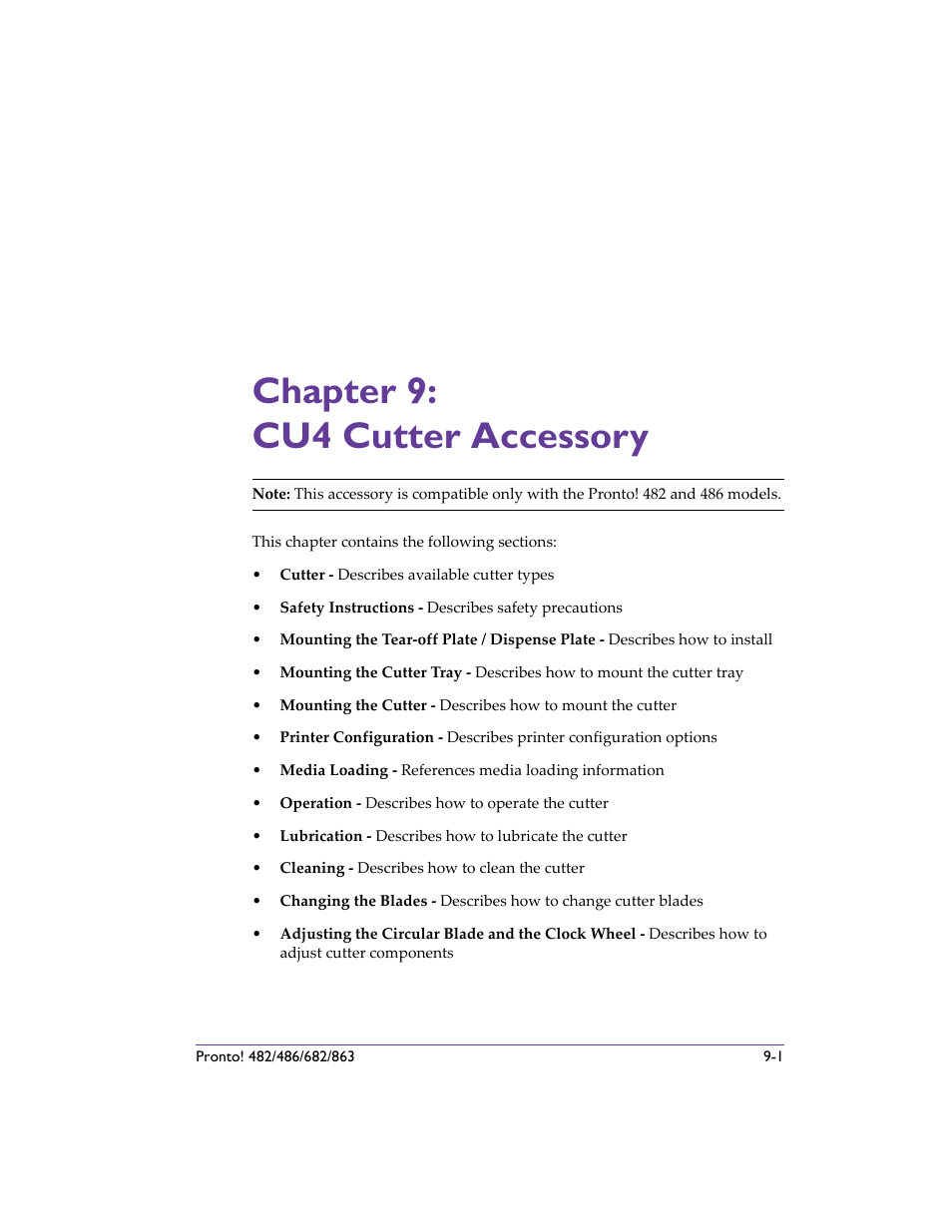Chapter 9: cu4 cutter accessory, Chapter 9: cu4 cutter accessory -1 | QuickLabel 482 Pronto! User Manual | Page 153 / 256