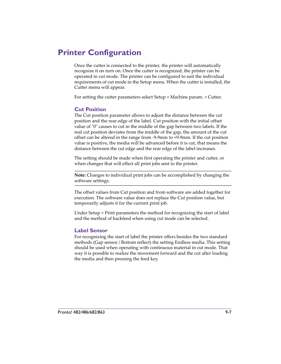 Printer configuration, Cut position, Label sensor | Printer configuration -7, Cut position -7 label sensor -7, Printer configuration - descr | QuickLabel 482 Pronto! User Manual | Page 159 / 256
