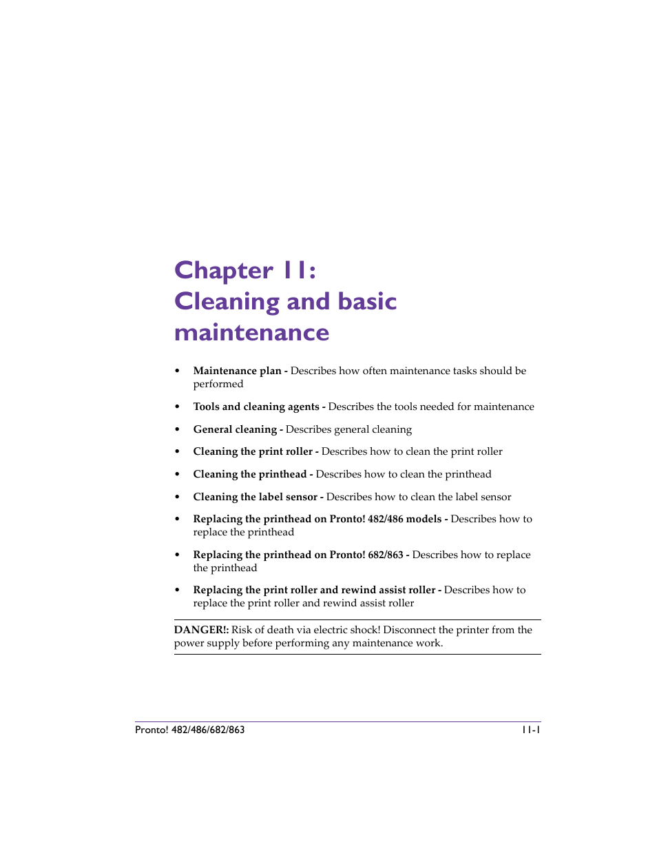 Chapter 11: cleaning and basic maintenance, Chapter 11: cleaning and basic maintenance -1 | QuickLabel 482 Pronto! User Manual | Page 185 / 256
