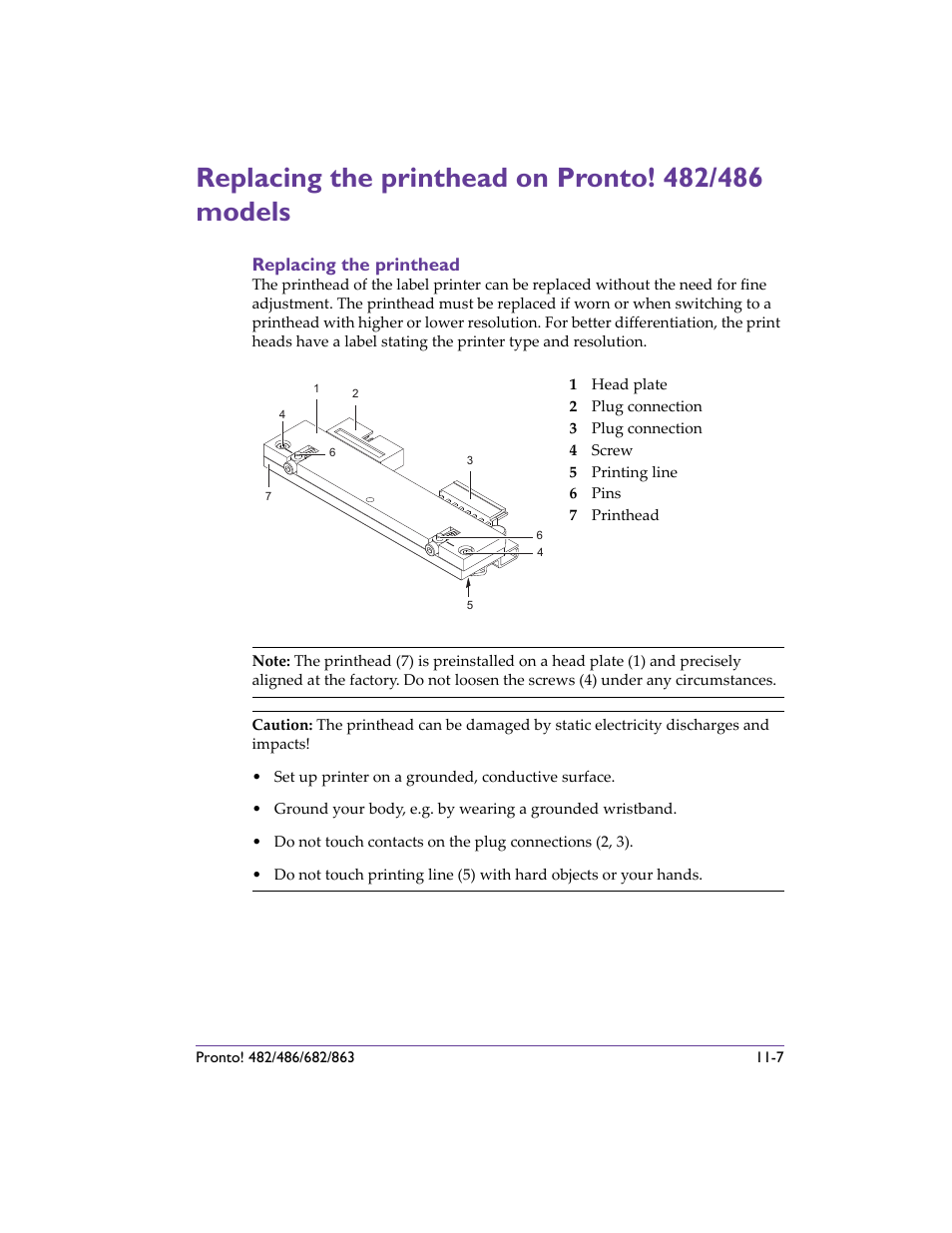 Replacing the printhead on pronto! 482/486 models, Replacing the printhead, Replacing the printhead -7 | QuickLabel 482 Pronto! User Manual | Page 191 / 256