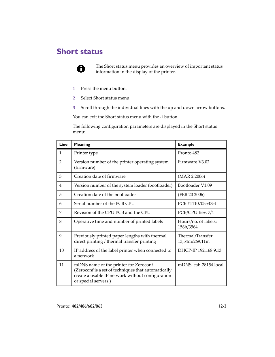 Short status, Short status -3, Short status - de | QuickLabel 482 Pronto! User Manual | Page 199 / 256