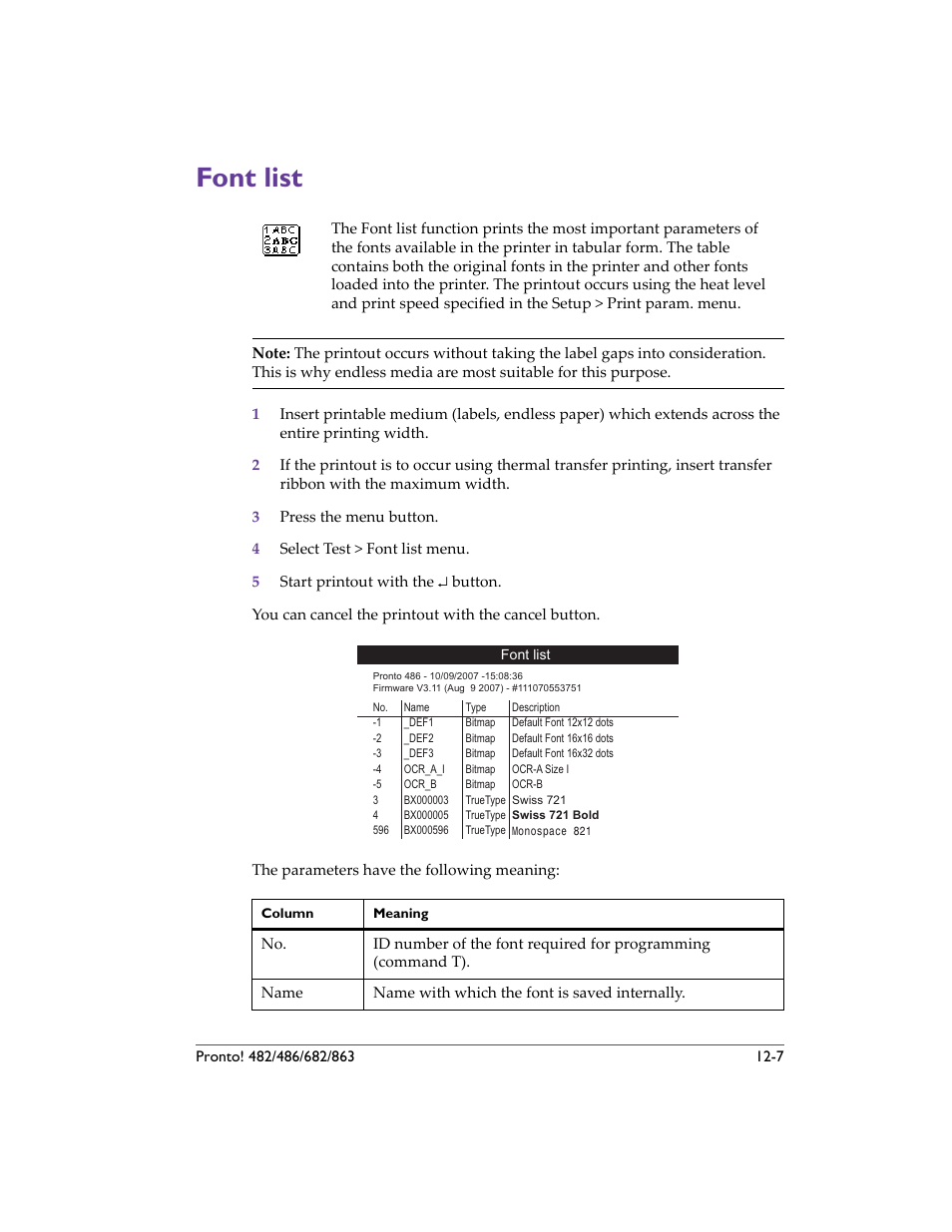 Font list, Font list -7 | QuickLabel 482 Pronto! User Manual | Page 203 / 256