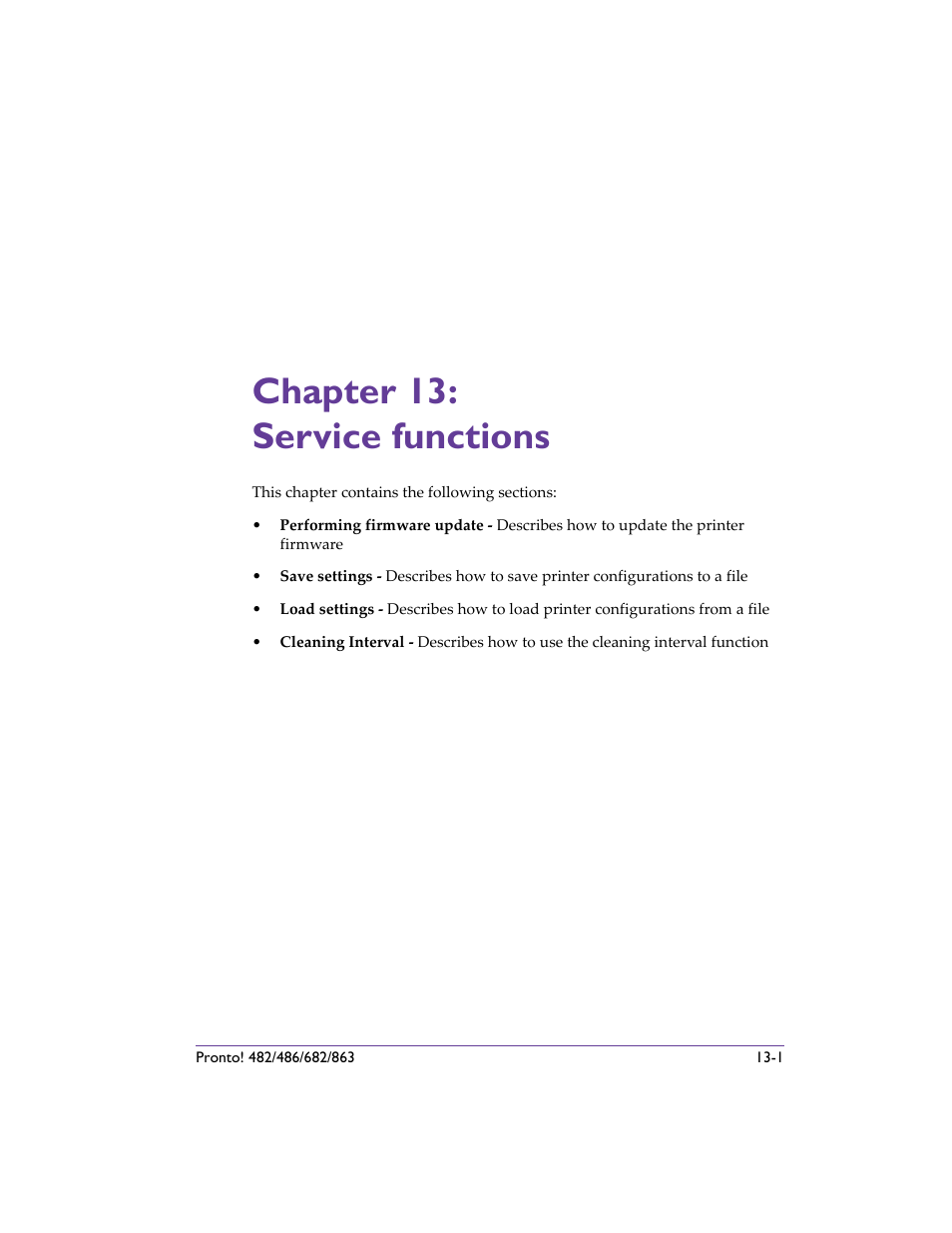 Chapter 13: service functions, Chapter 13: service functions -1 | QuickLabel 482 Pronto! User Manual | Page 213 / 256