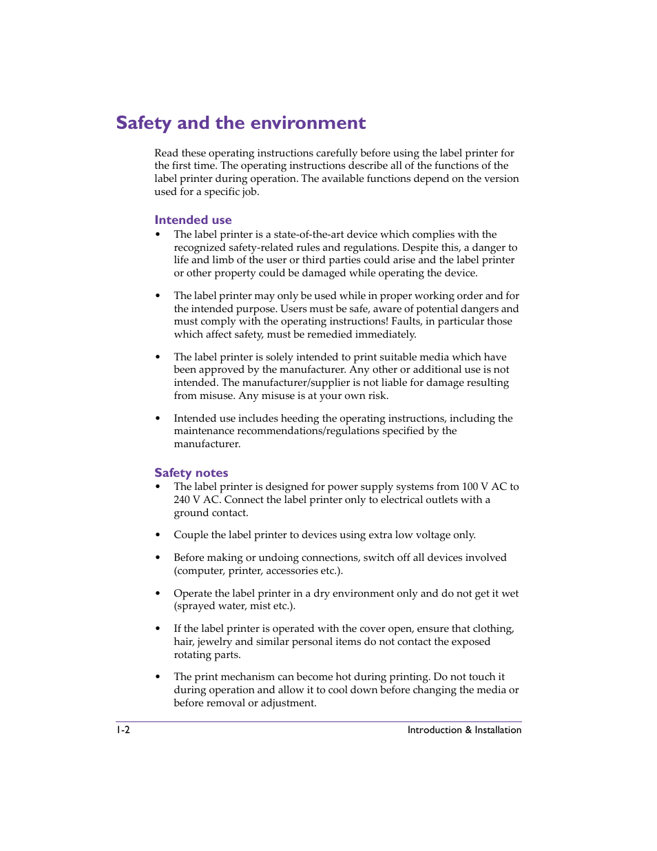 Safety and the environment, Intended use, Safety notes | Safety and the environment -2, Intended use -2 safety notes -2 | QuickLabel 482 Pronto! User Manual | Page 22 / 256