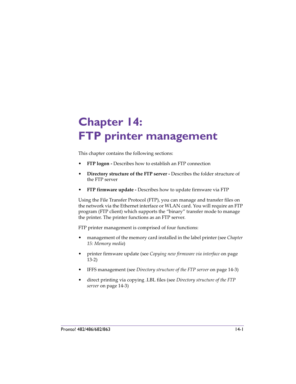 Chapter 14: ftp printer management, Chapter 14: ftp printer management -1 | QuickLabel 482 Pronto! User Manual | Page 221 / 256