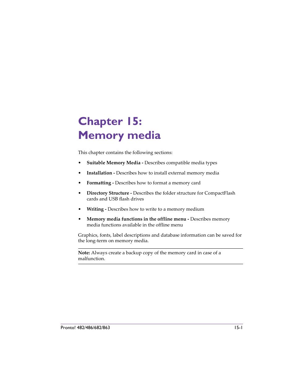 Chapter 15: memory media, Chapter 15: memory media -1, Ee chapter 15: memory media ) | QuickLabel 482 Pronto! User Manual | Page 225 / 256
