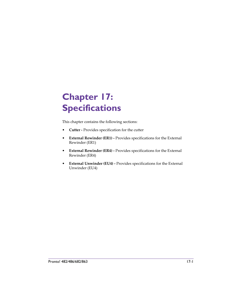 Chapter 17: specifications, Chapter 17: specifications -1 | QuickLabel 482 Pronto! User Manual | Page 245 / 256
