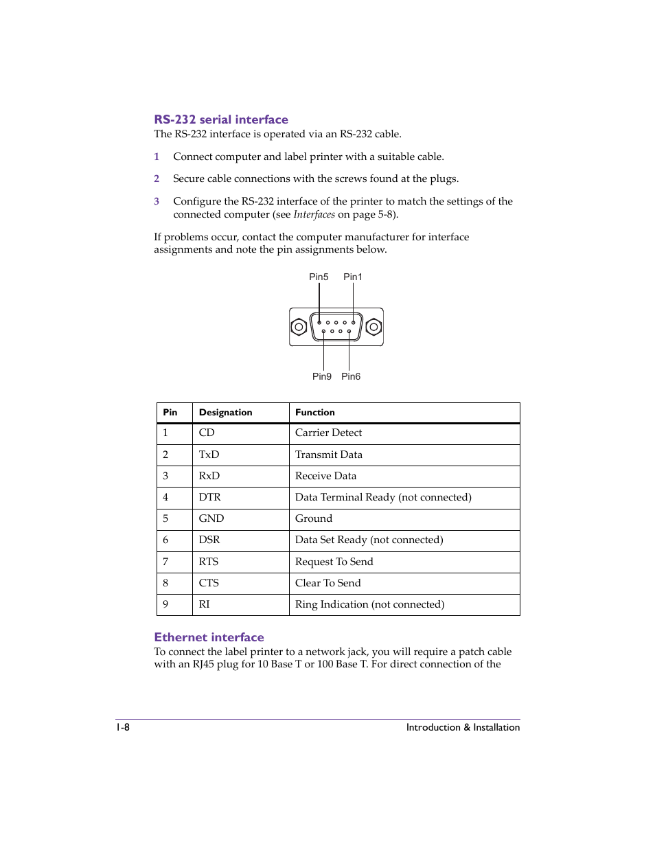 Rs-232 serial interface, Ethernet interface, Rs-232 serial interface -8 ethernet interface -8 | QuickLabel 482 Pronto! User Manual | Page 28 / 256