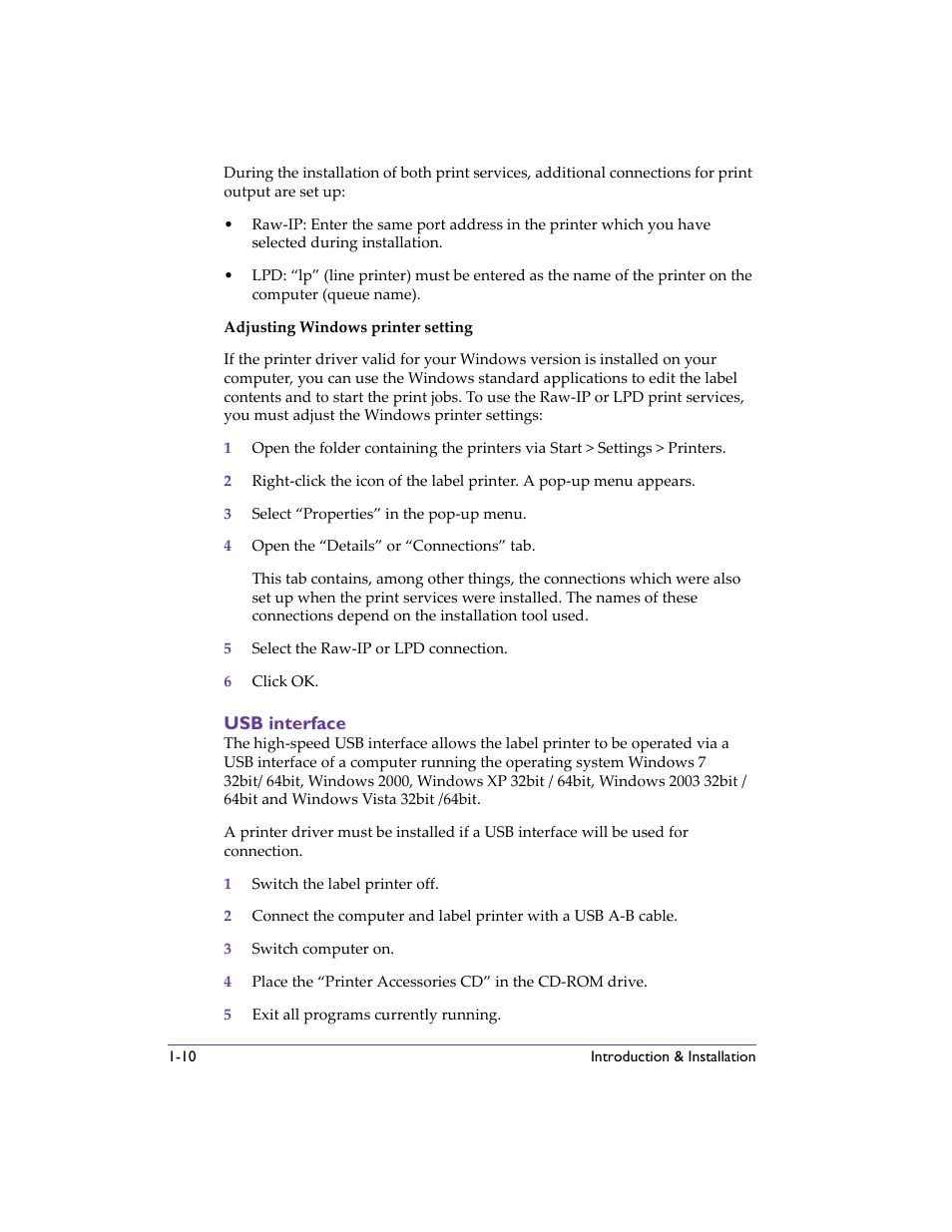 Usb interface, Usb interface -10 | QuickLabel 482 Pronto! User Manual | Page 30 / 256