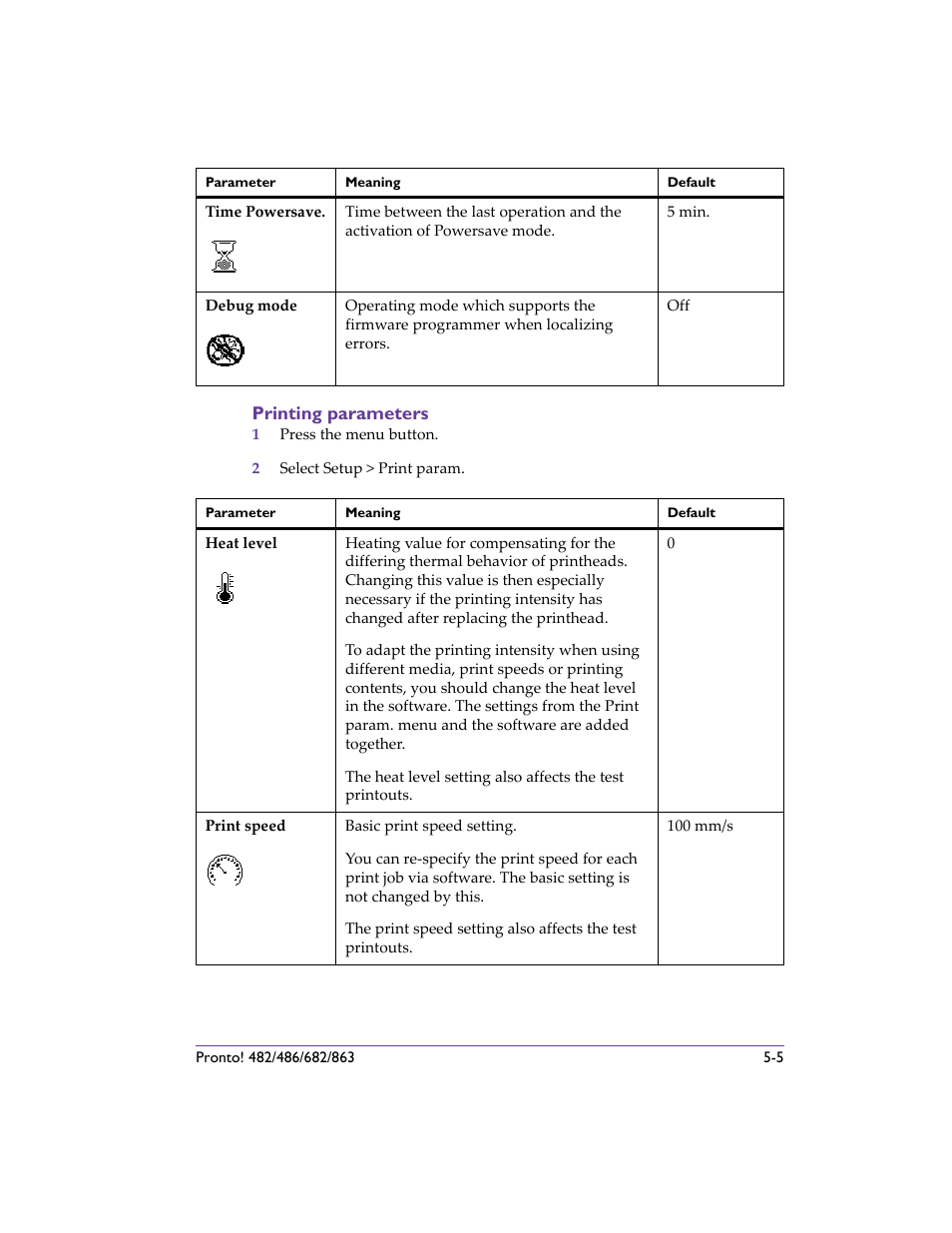 Printing parameters, Printing parameters -5 | QuickLabel 482 Pronto! User Manual | Page 55 / 256