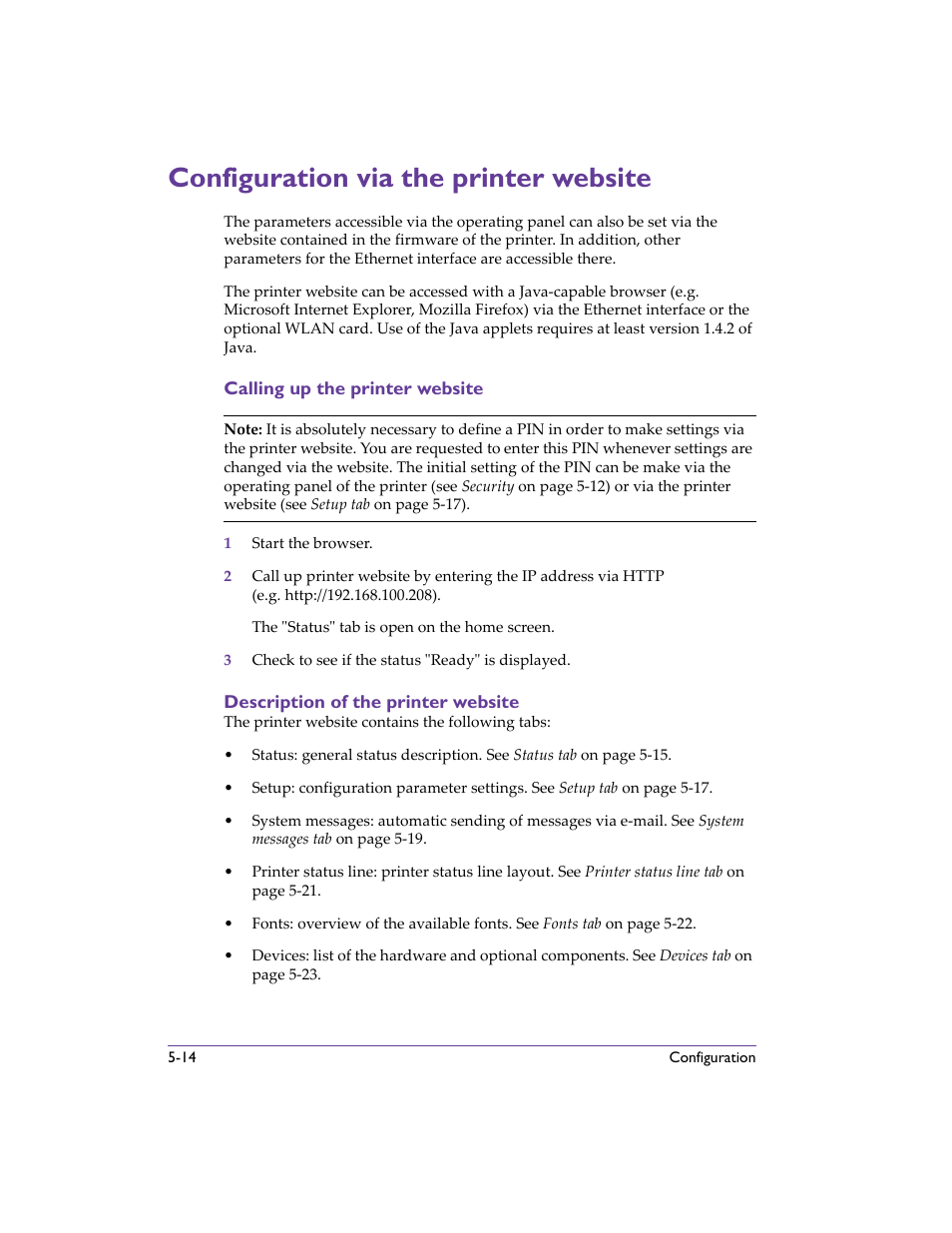 Configuration via the printer website, Calling up the printer website, Description of the printer website | Configuration via the printer website -14 | QuickLabel 482 Pronto! User Manual | Page 64 / 256