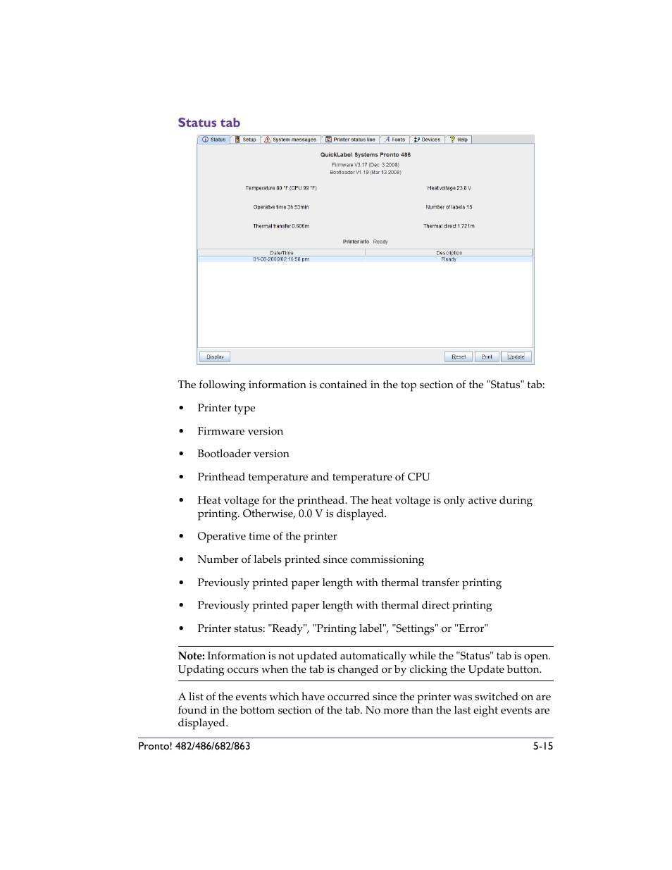 Status tab, Status tab -15 | QuickLabel 482 Pronto! User Manual | Page 65 / 256