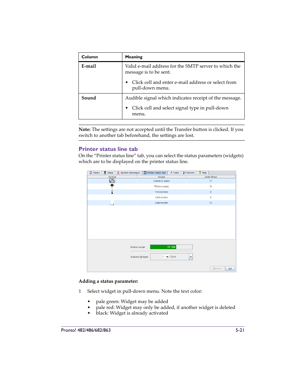 Printer status line tab, Printer status line tab -21 | QuickLabel 482 Pronto! User Manual | Page 71 / 256
